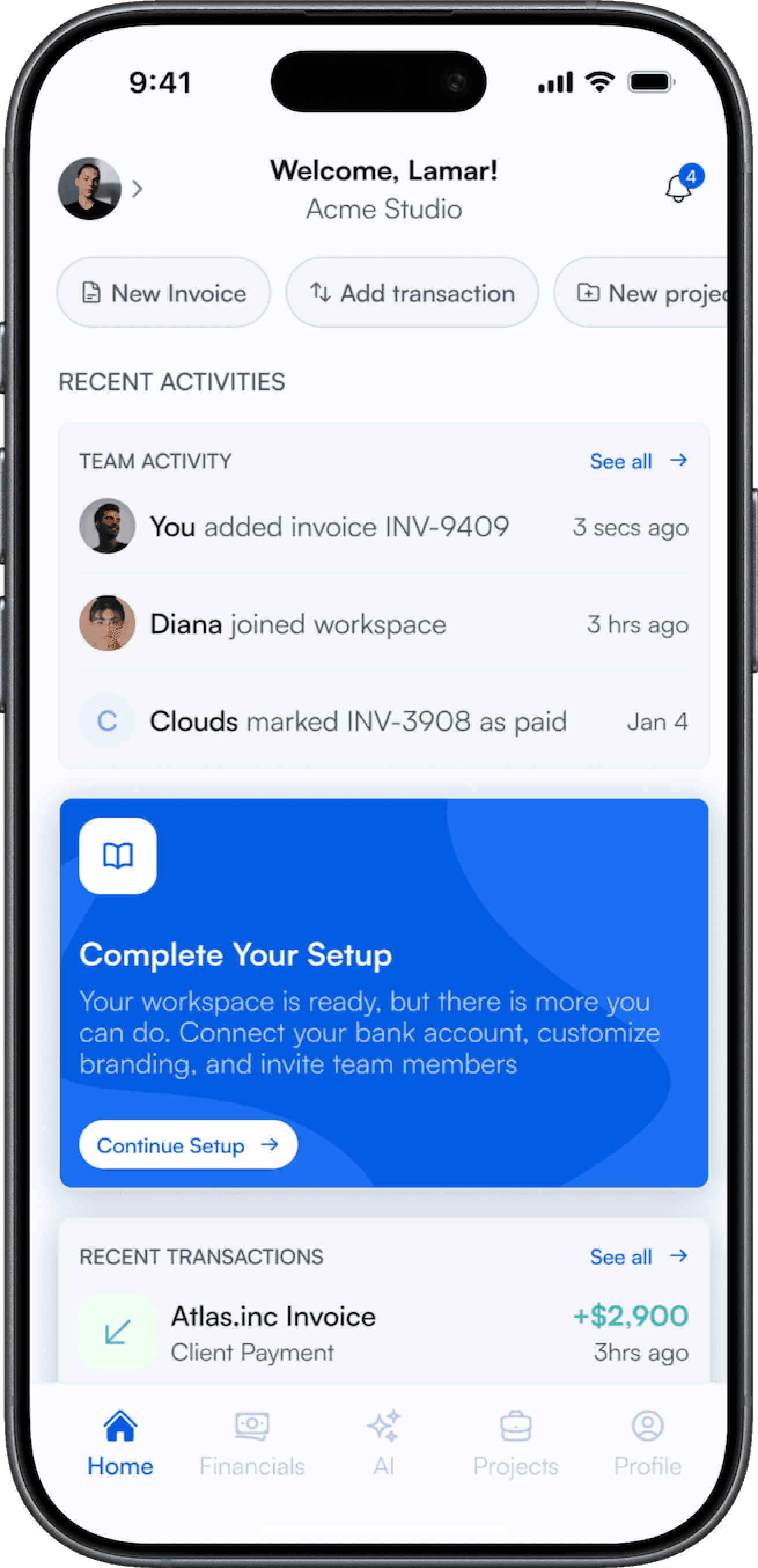 The Lymb app's recent activity feed, listing who did what and when.
